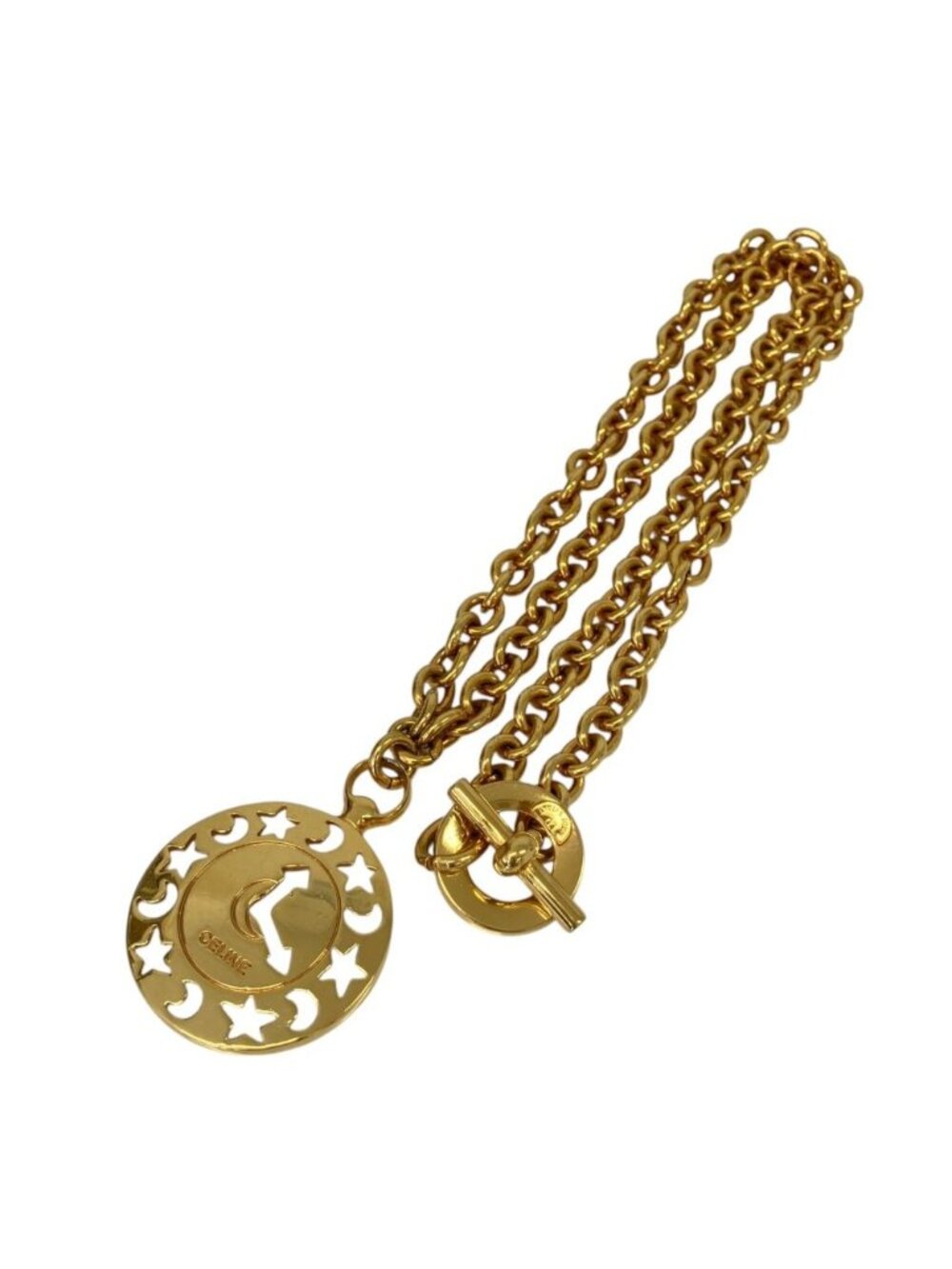 Celine Vintage Planet Star Moon Circle Low Chain Necklace Gold